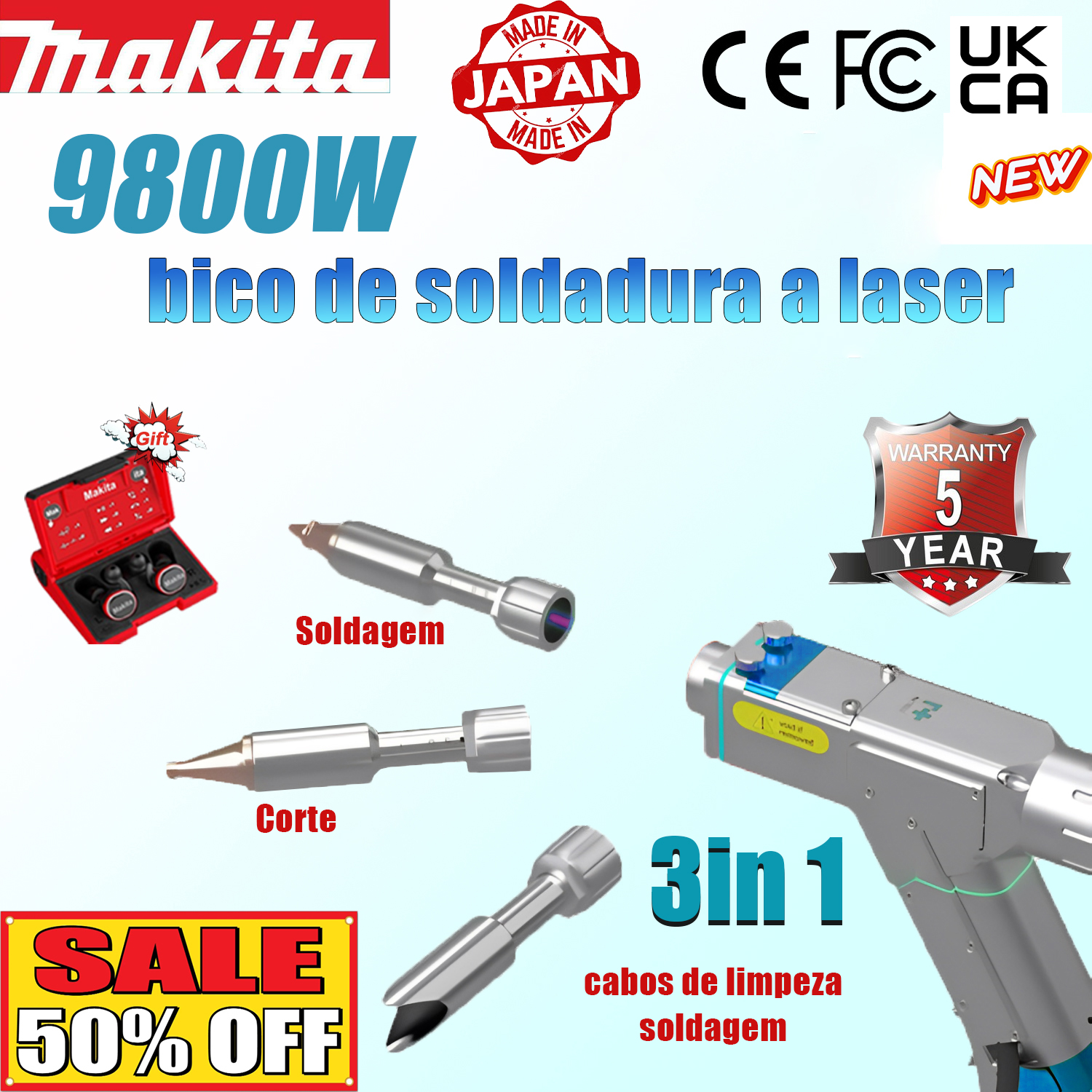 9800W 【3 em 1】: soldadura + limpeza + corte (velocidade 18m/min, espessura 0-25mm)