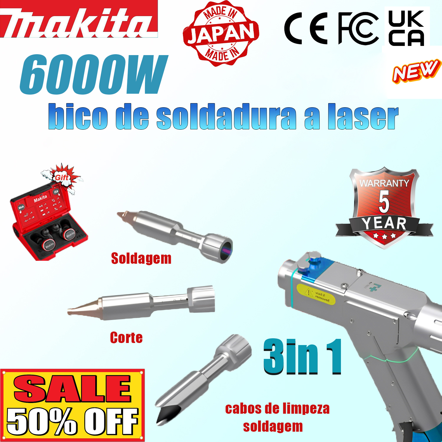 6000W 【3 em 1】: Soldadura + limpeza + corte (velocidade 10m/min, espessura 0-10mm)